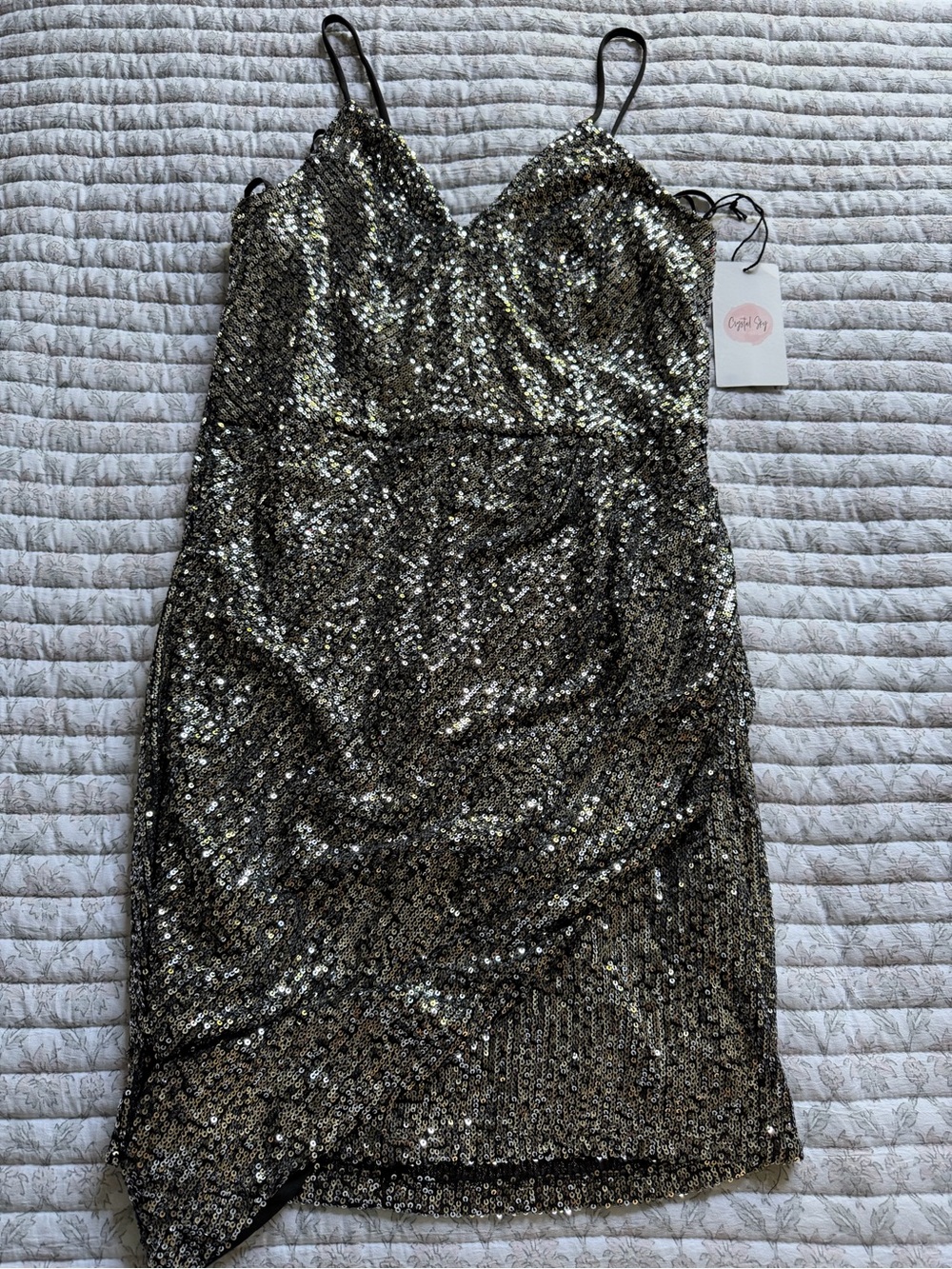 Metallic Gold Sequin Mini Dress with Spaghetti Straps